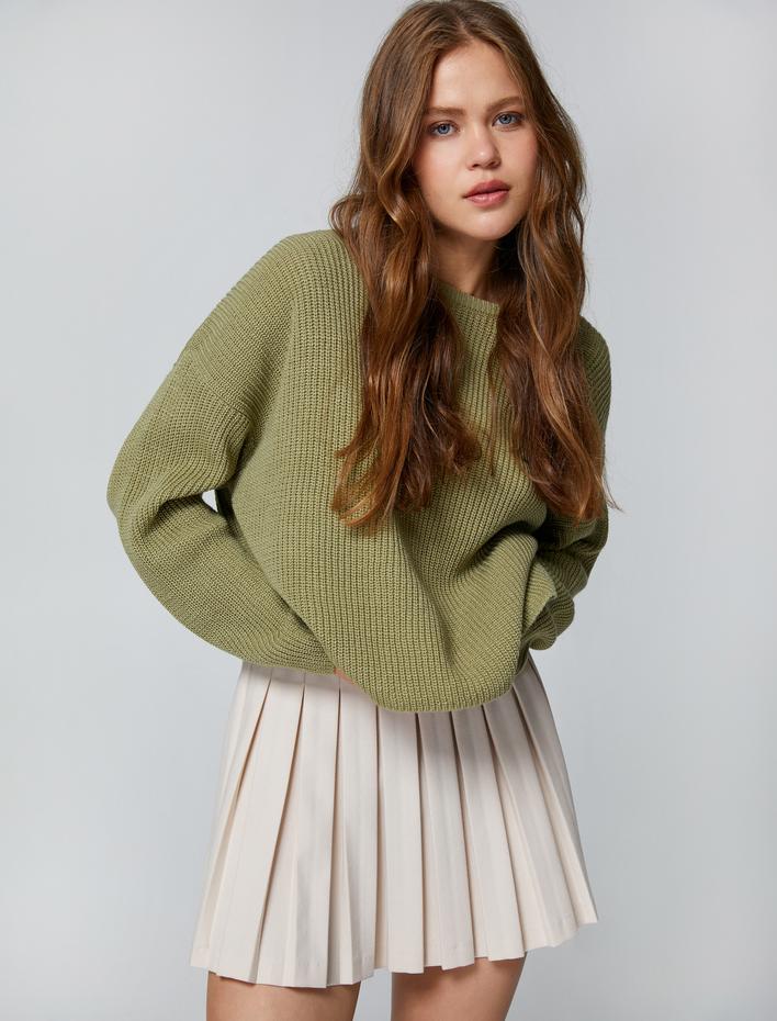  Basic Triko Kazak Örgü Bisiklet Yaka Düşük Omuzlu Uzun Kollu