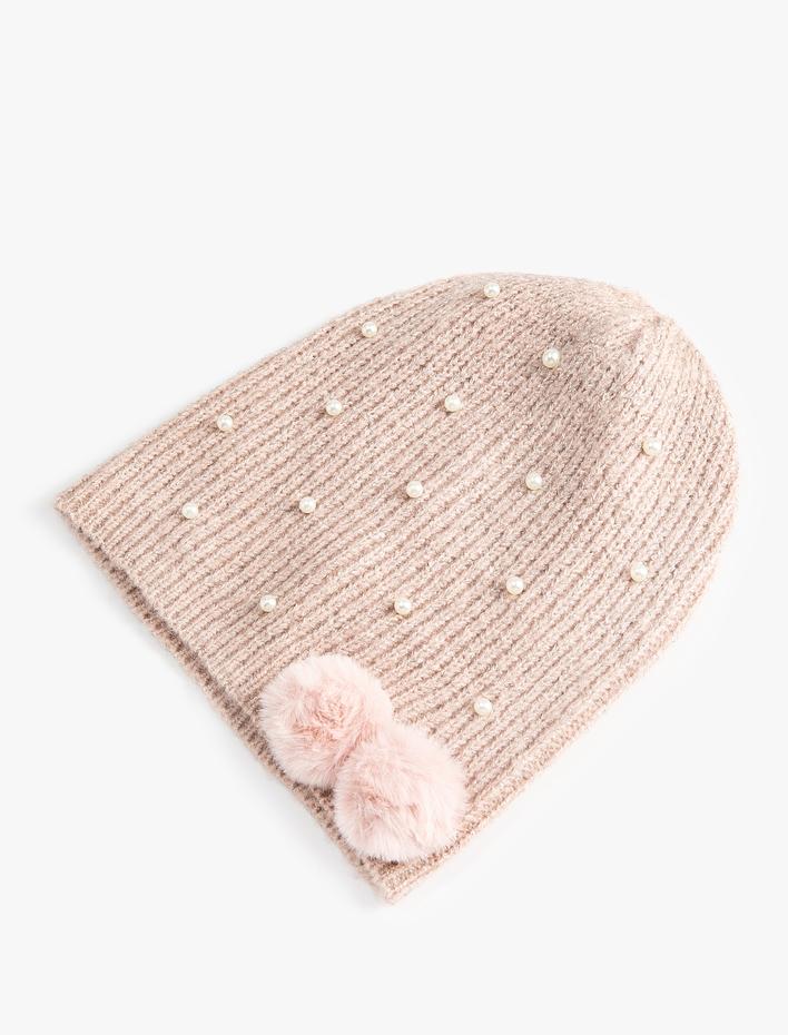 Kız Çocuk Triko Bere Ponpon Detaylı İnci İşlemeli