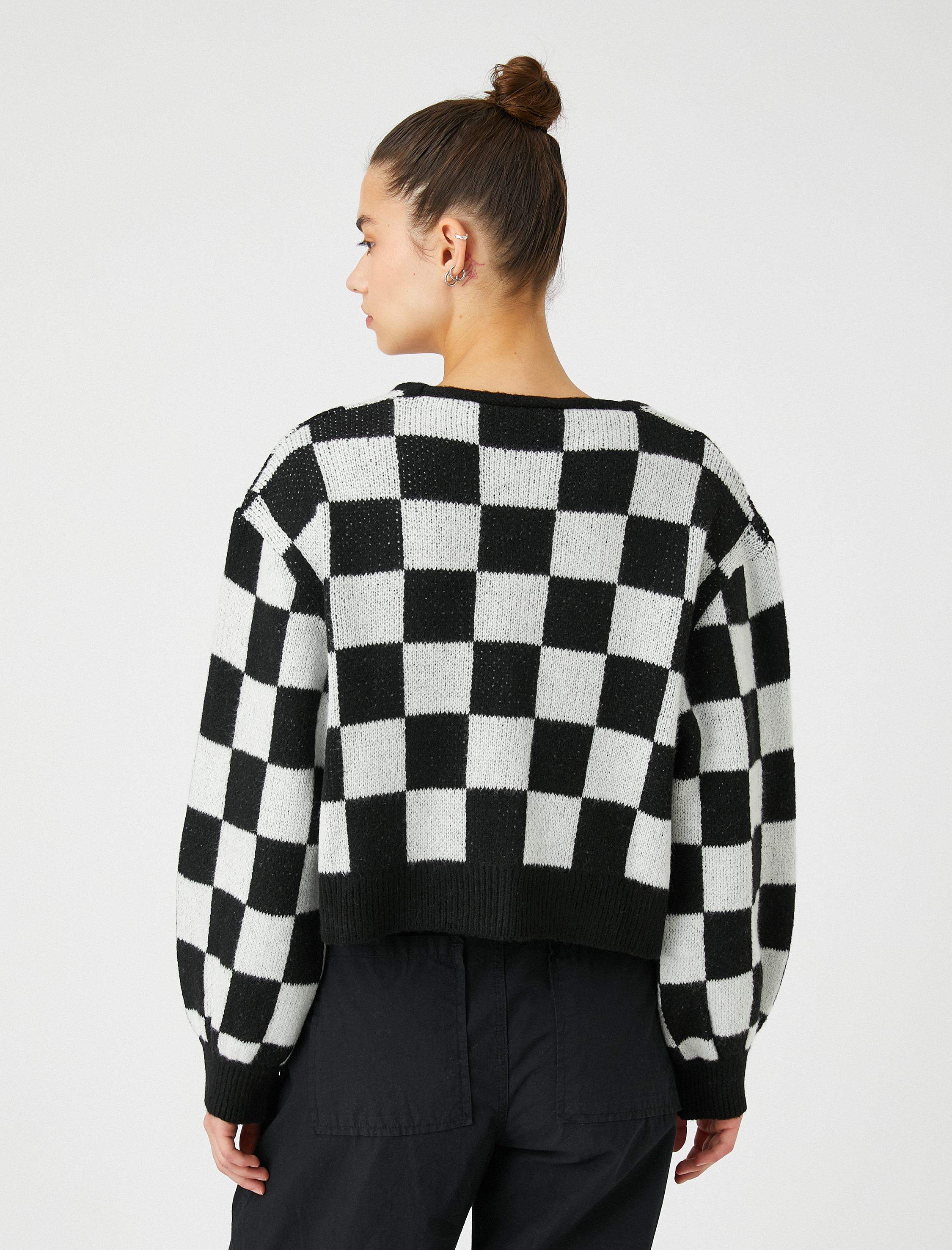   Crop Hırka Örgü V Yaka Düğmeli Dama Desenli Ribanalı