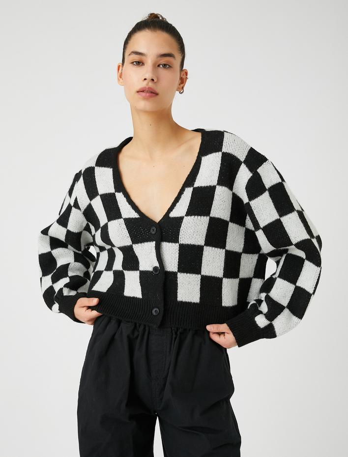  Crop Hırka Örgü V Yaka Düğmeli Dama Desenli Ribanalı