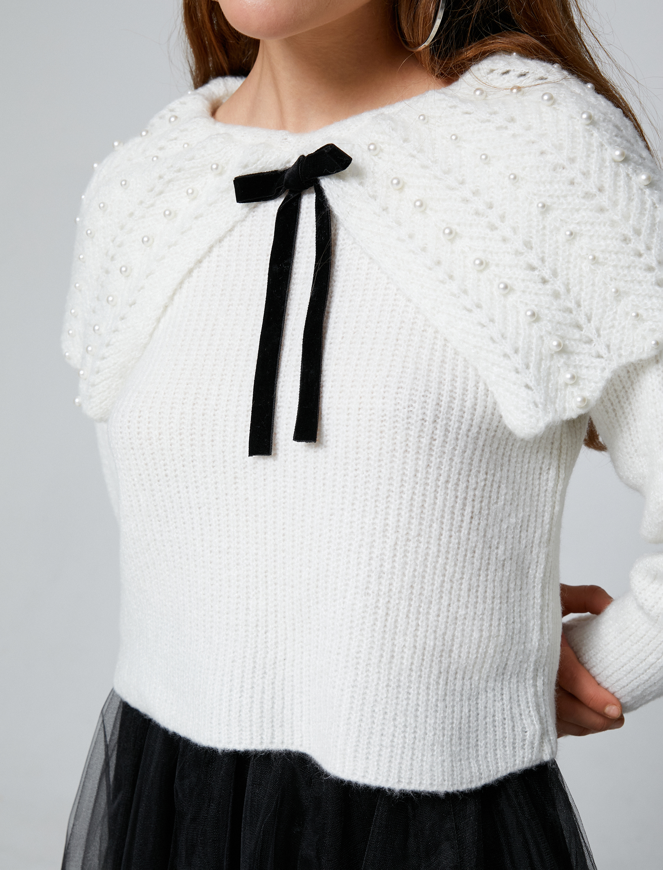   İncili Triko Kazak Şal Yaka Kurdele Detaylı Örgü