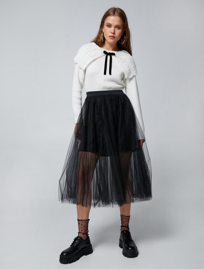  İncili Triko Kazak Şal Yaka Kurdele Detaylı Örgü