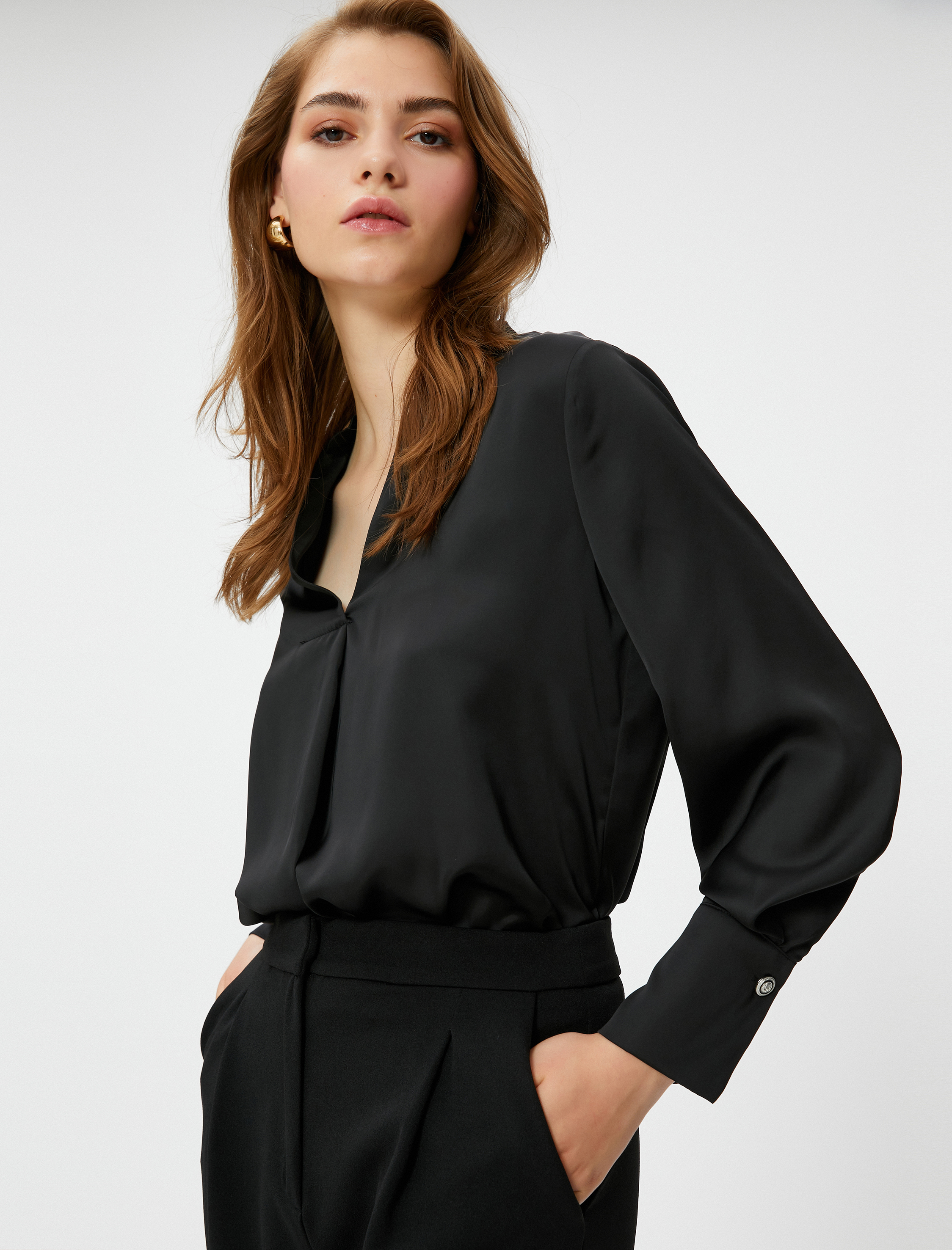   Saten Bluz Hakim Yaka Uzun Kollu