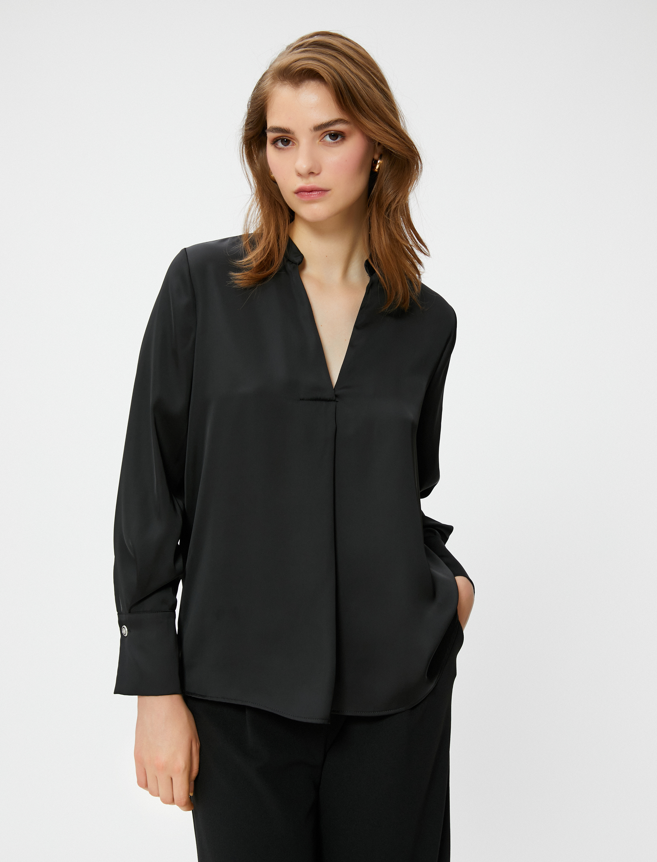   Saten Bluz Hakim Yaka Uzun Kollu