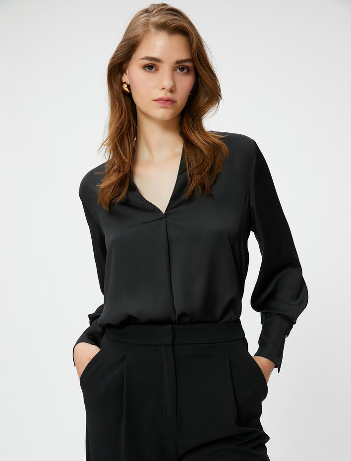  Saten Bluz Hakim Yaka Uzun Kollu