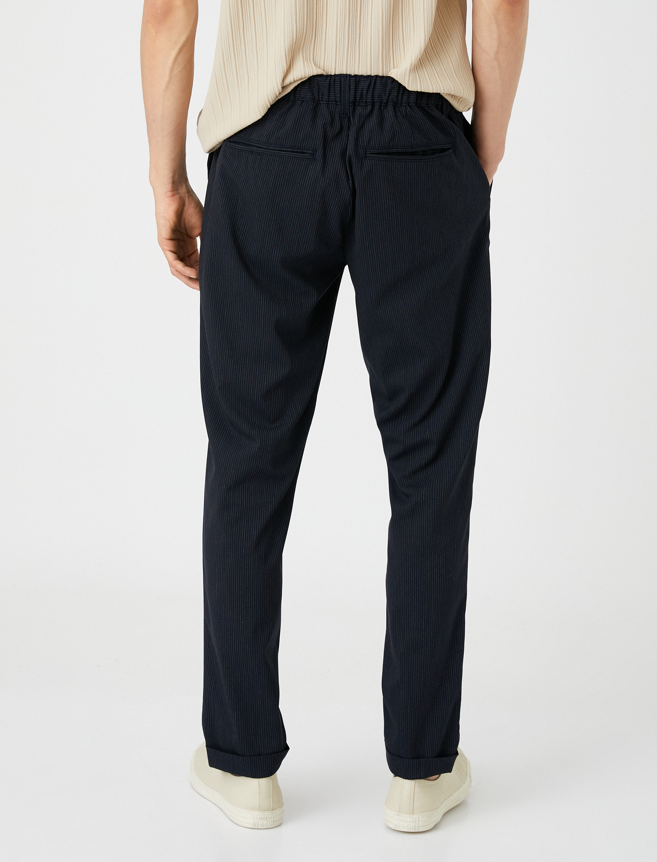   Çizgili Pantolon Beli Bağcıklı Slim Fit Düğmeli Cepli