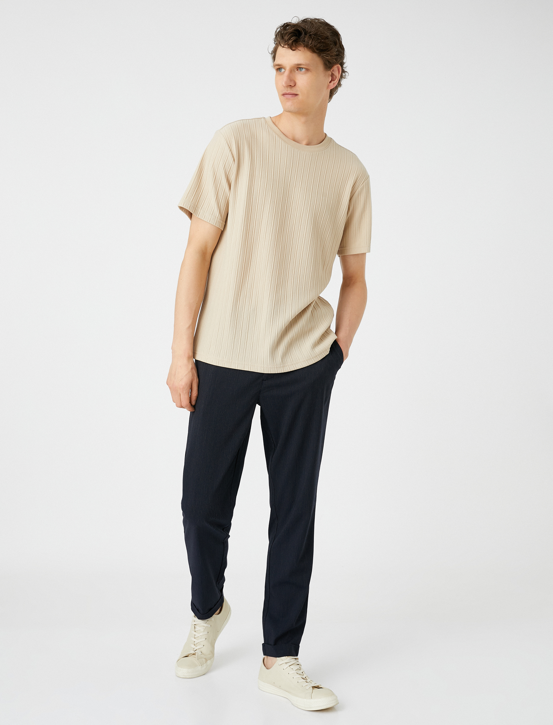   Çizgili Pantolon Beli Bağcıklı Slim Fit Düğmeli Cepli