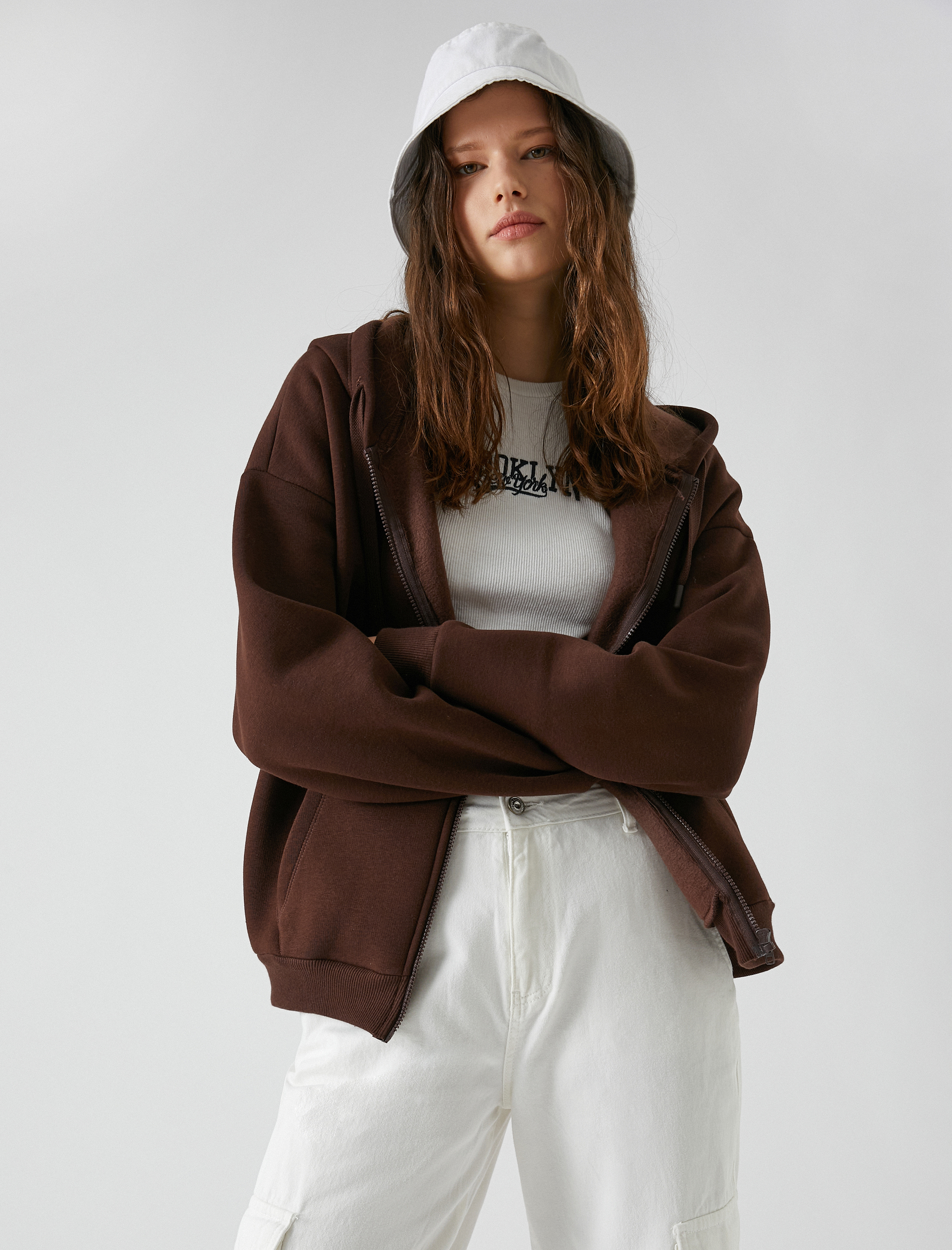   Şardonlu Oversize Fermuarlı Sweatshirt Kapüşonlu Kanguru Cepli