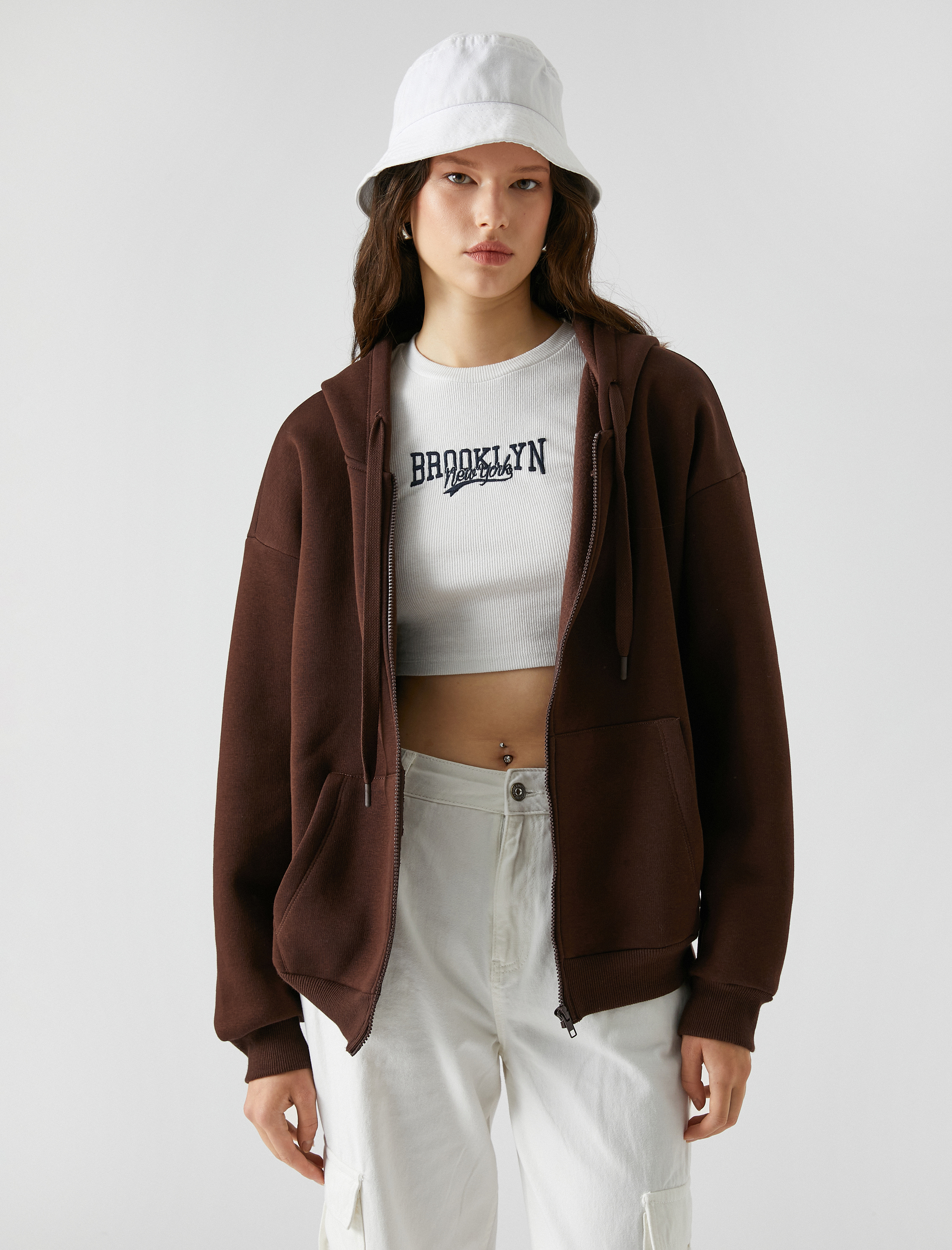   Şardonlu Oversize Fermuarlı Sweatshirt Kapüşonlu Kanguru Cepli