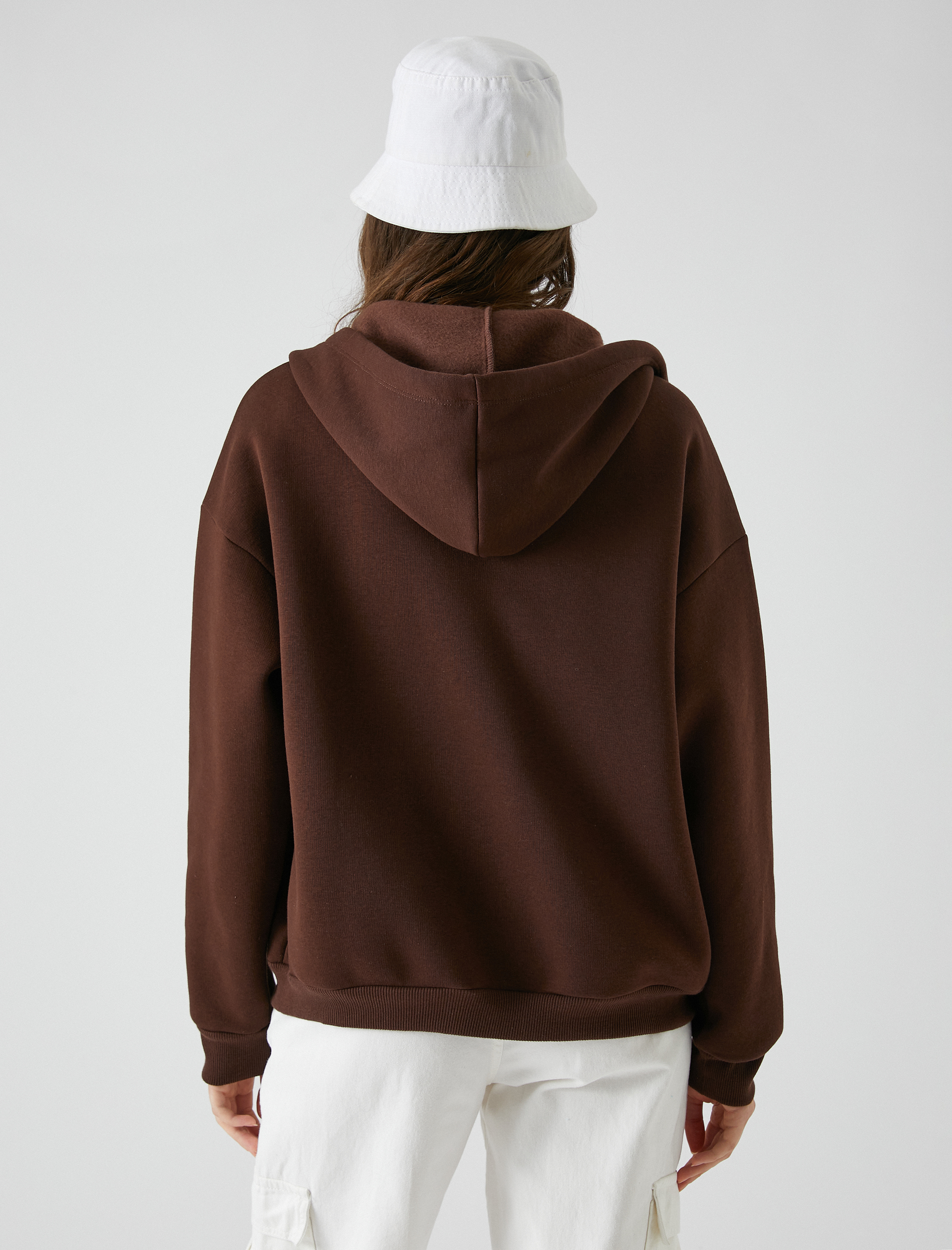   Şardonlu Oversize Fermuarlı Sweatshirt Kapüşonlu Kanguru Cepli