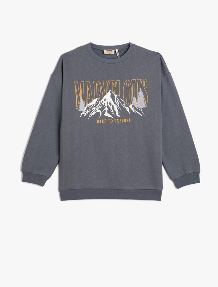 Kız Çocuk Sweatshirt Uzun Kollu Bisiklet Yaka Doğa Baskılı Şardonlu