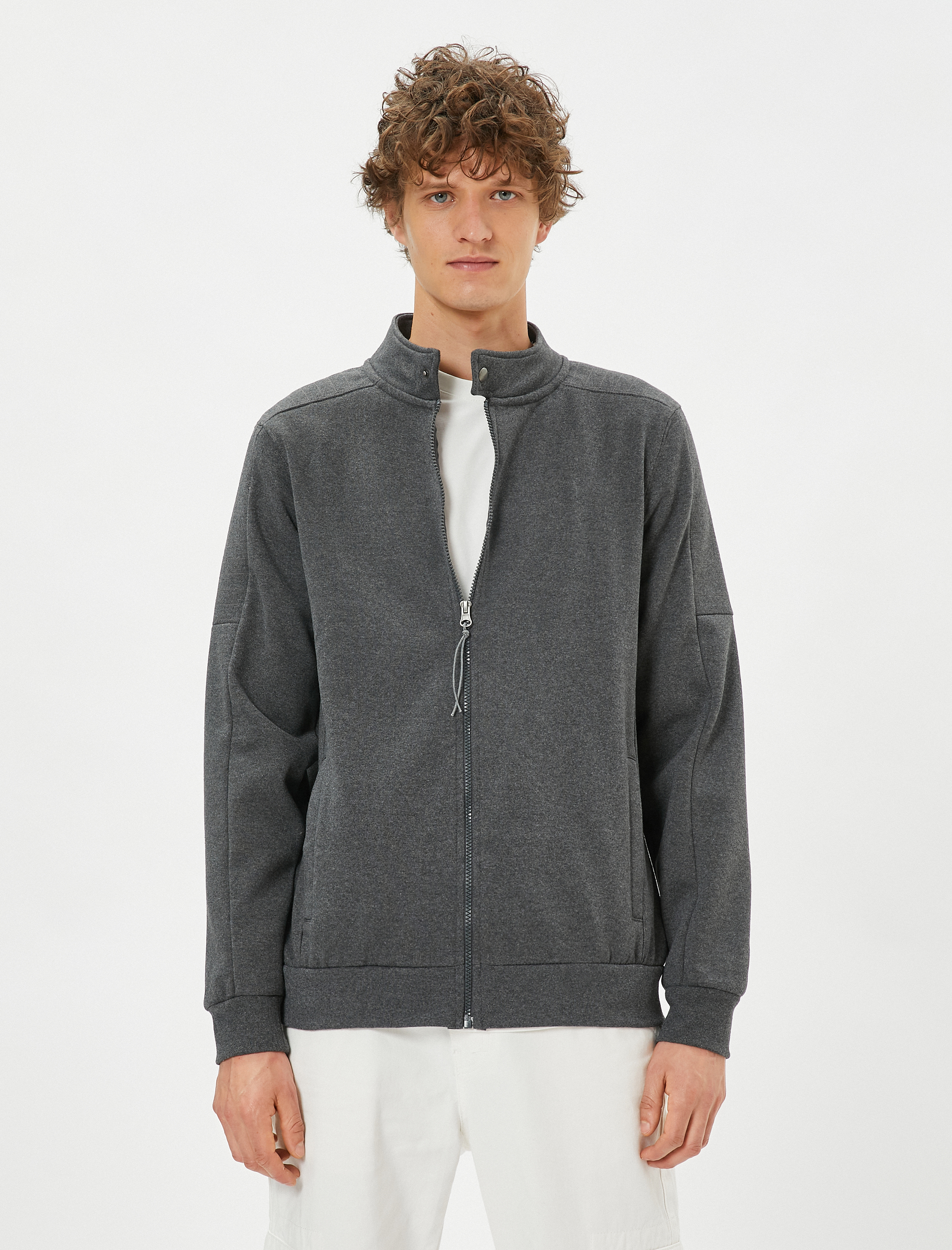   Fermuarlı Sweatshirt Cep Detaylı Yuvarlak Yaka Çıtçıt Düğmeli Şardonlu