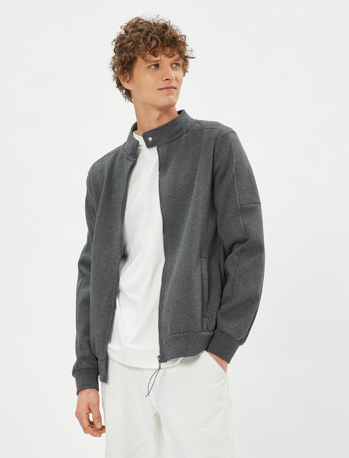  Fermuarlı Sweatshirt Cep Detaylı Yuvarlak Yaka Çıtçıt Düğmeli Şardonlu
