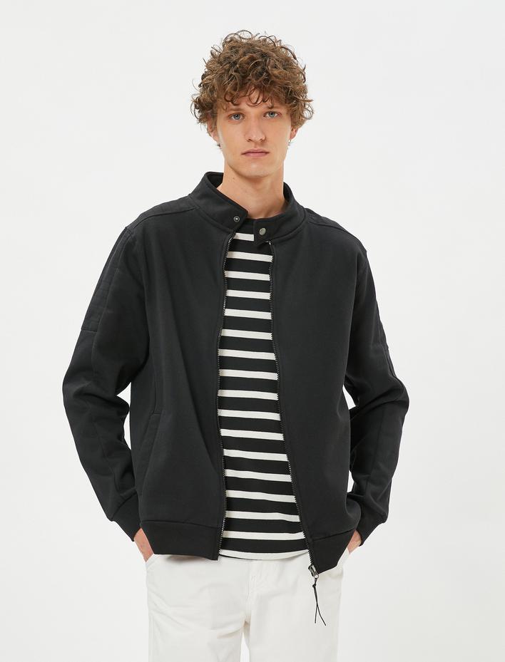  Fermuarlı Sweatshirt Cep Detaylı Yuvarlak Yaka Çıtçıt Düğmeli Şardonlu