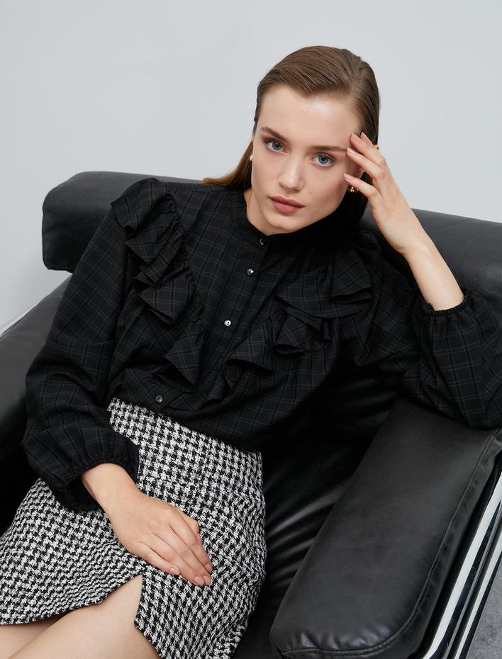  Fırfırlı Ekoseli Gömlek Balon Kol