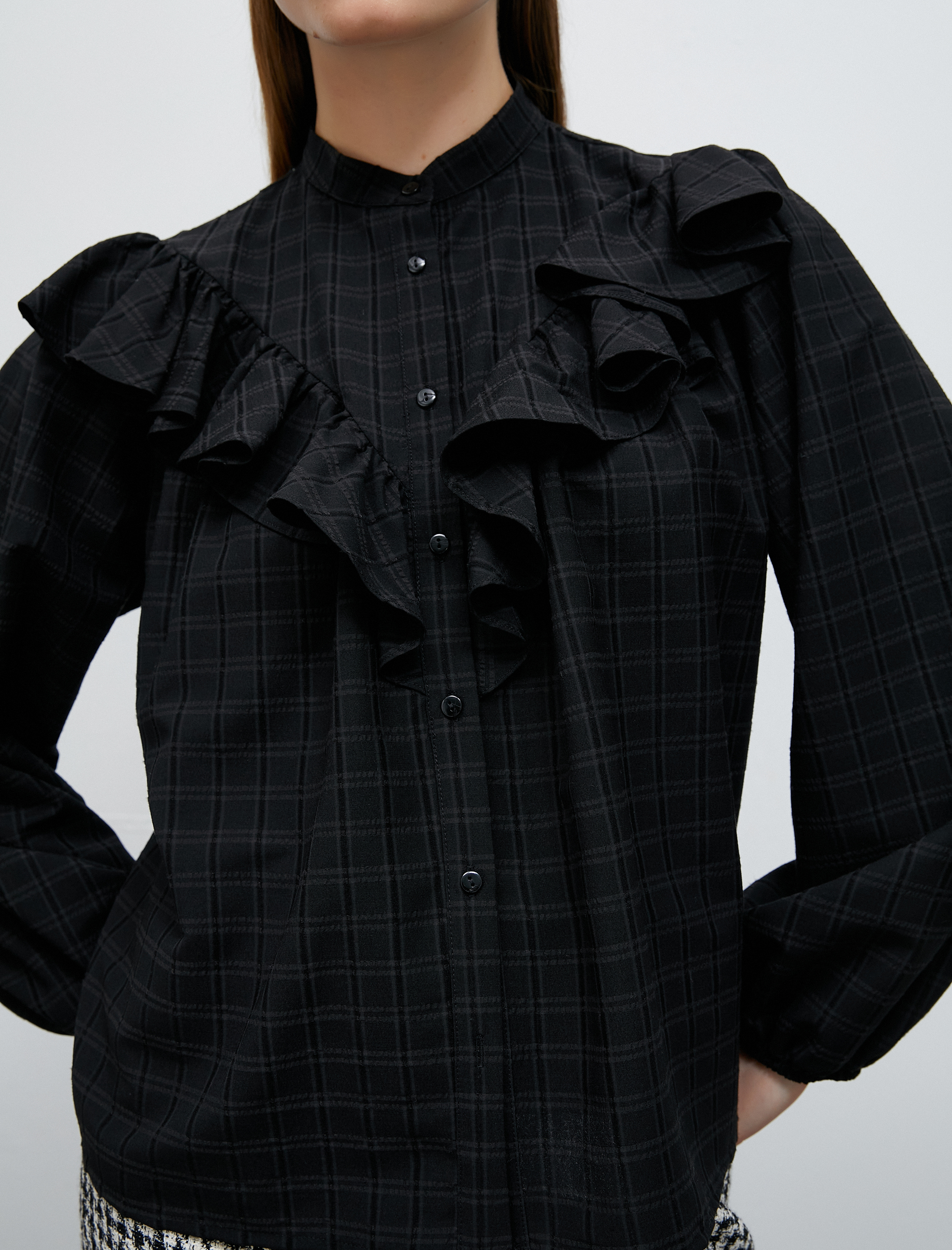   Fırfırlı Ekoseli Gömlek Balon Kol