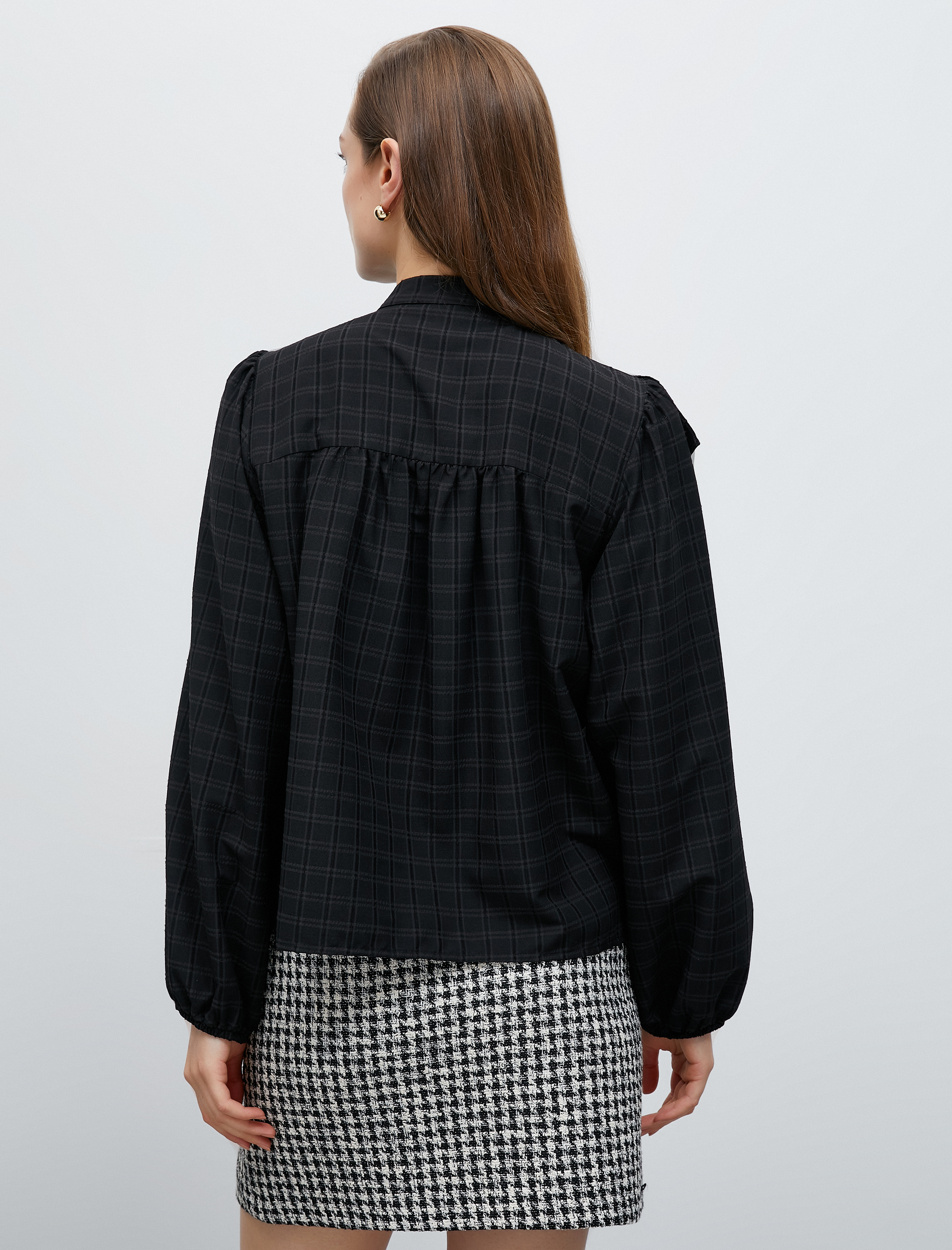   Fırfırlı Ekoseli Gömlek Balon Kol