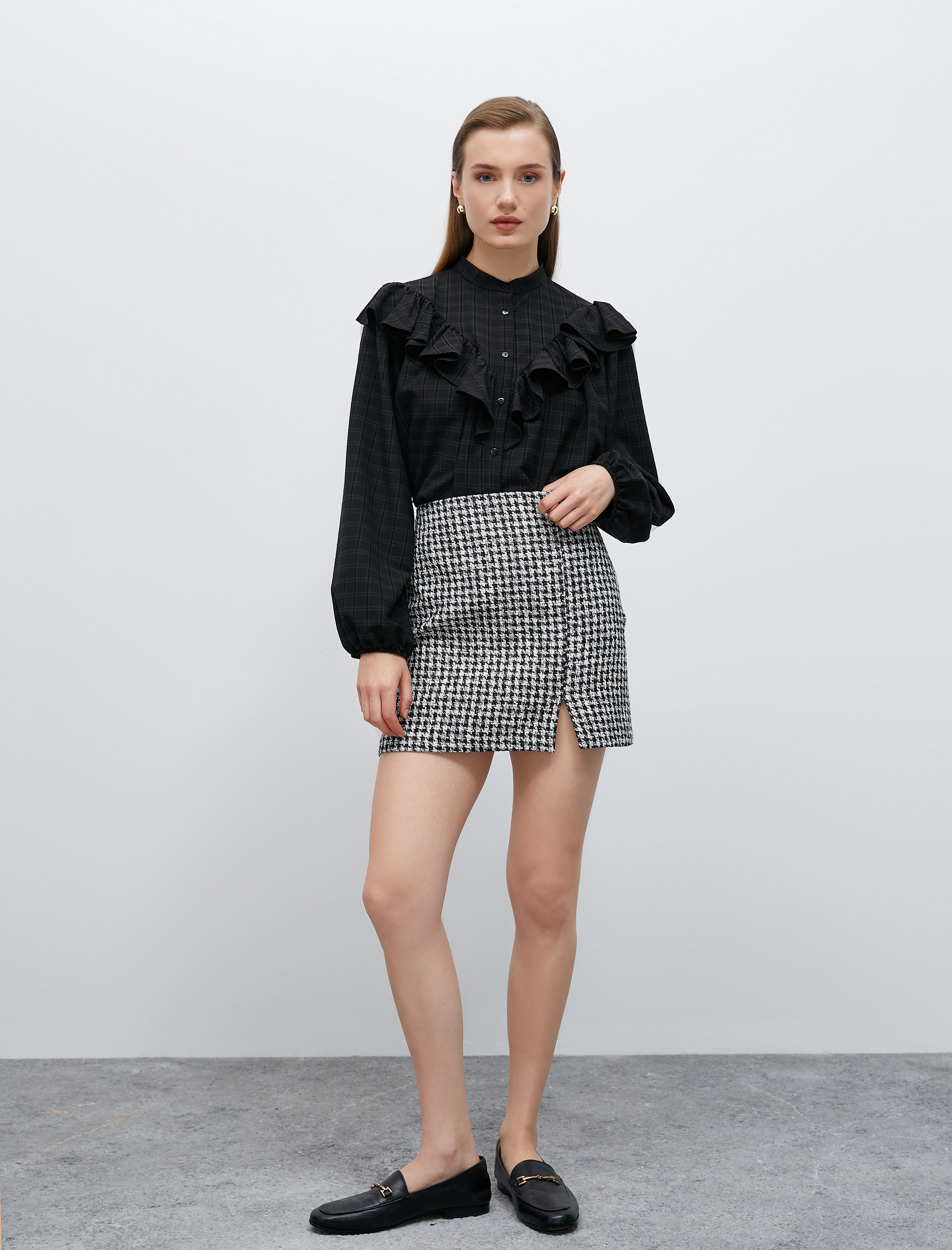   Fırfırlı Ekoseli Gömlek Balon Kol