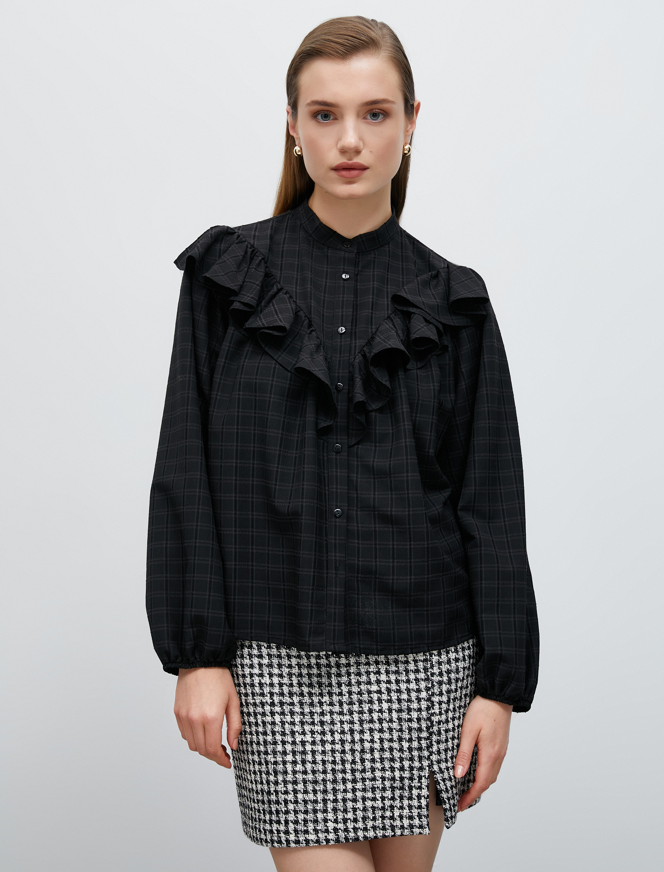   Fırfırlı Ekoseli Gömlek Balon Kol