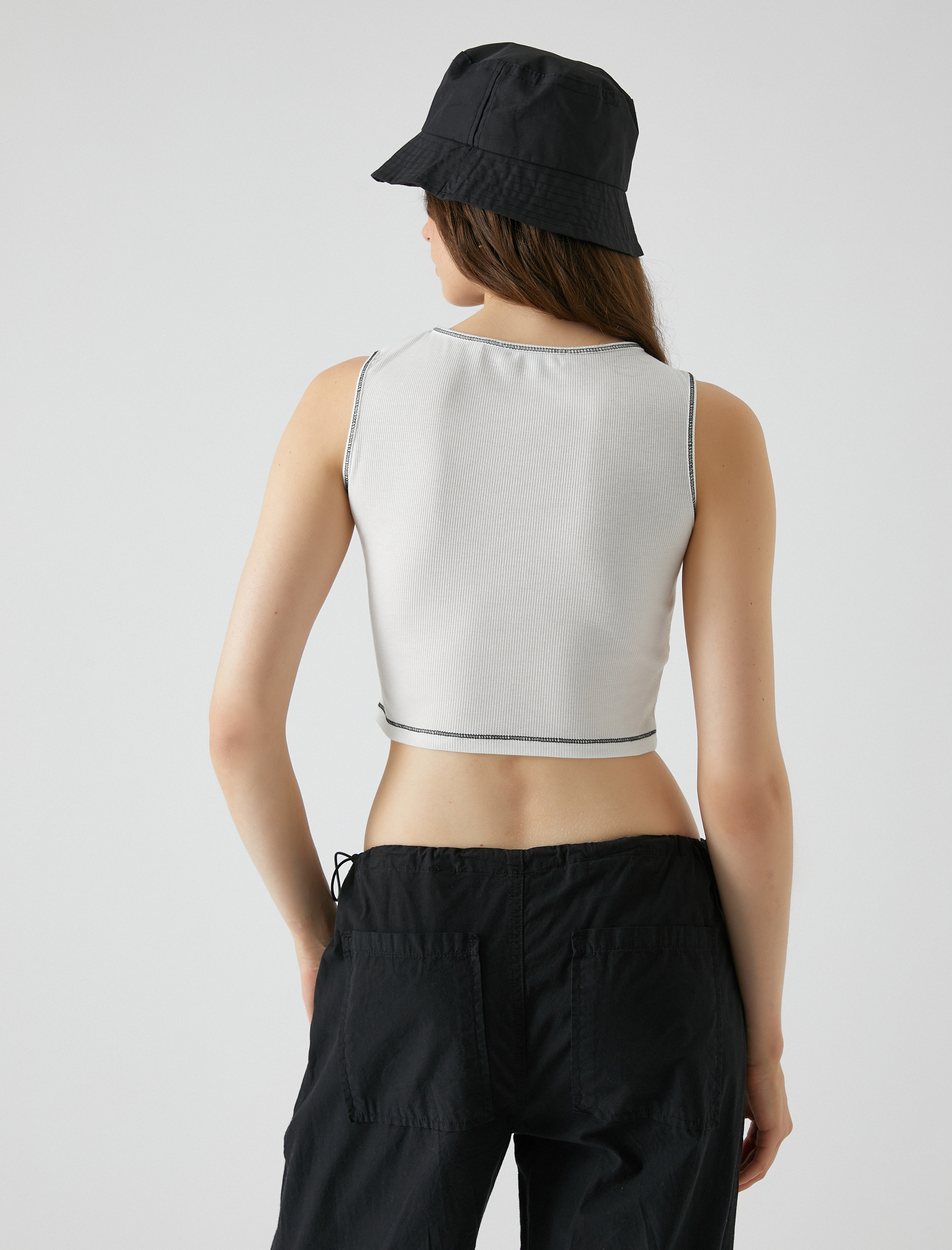   Crop Atlet Fitilli Baskılı Dikiş Detaylı Bisiklet Yaka