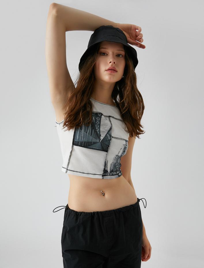  Crop Atlet Fitilli Baskılı Dikiş Detaylı Bisiklet Yaka