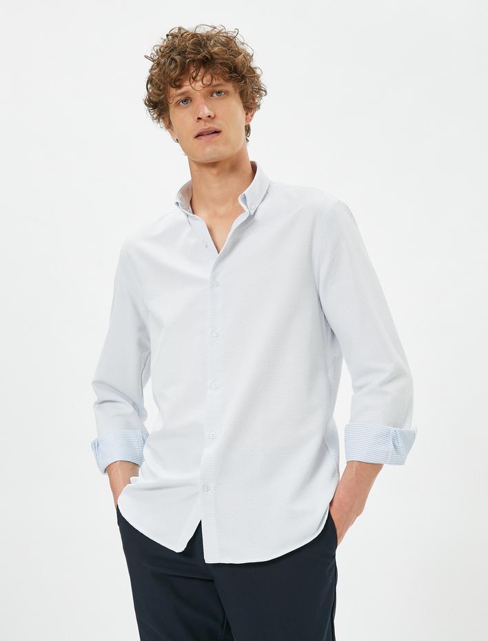  Spor Gömlek Slim Fit Minimal Baskı Detaylı Klasik Yaka Uzun Kollu Non Iron