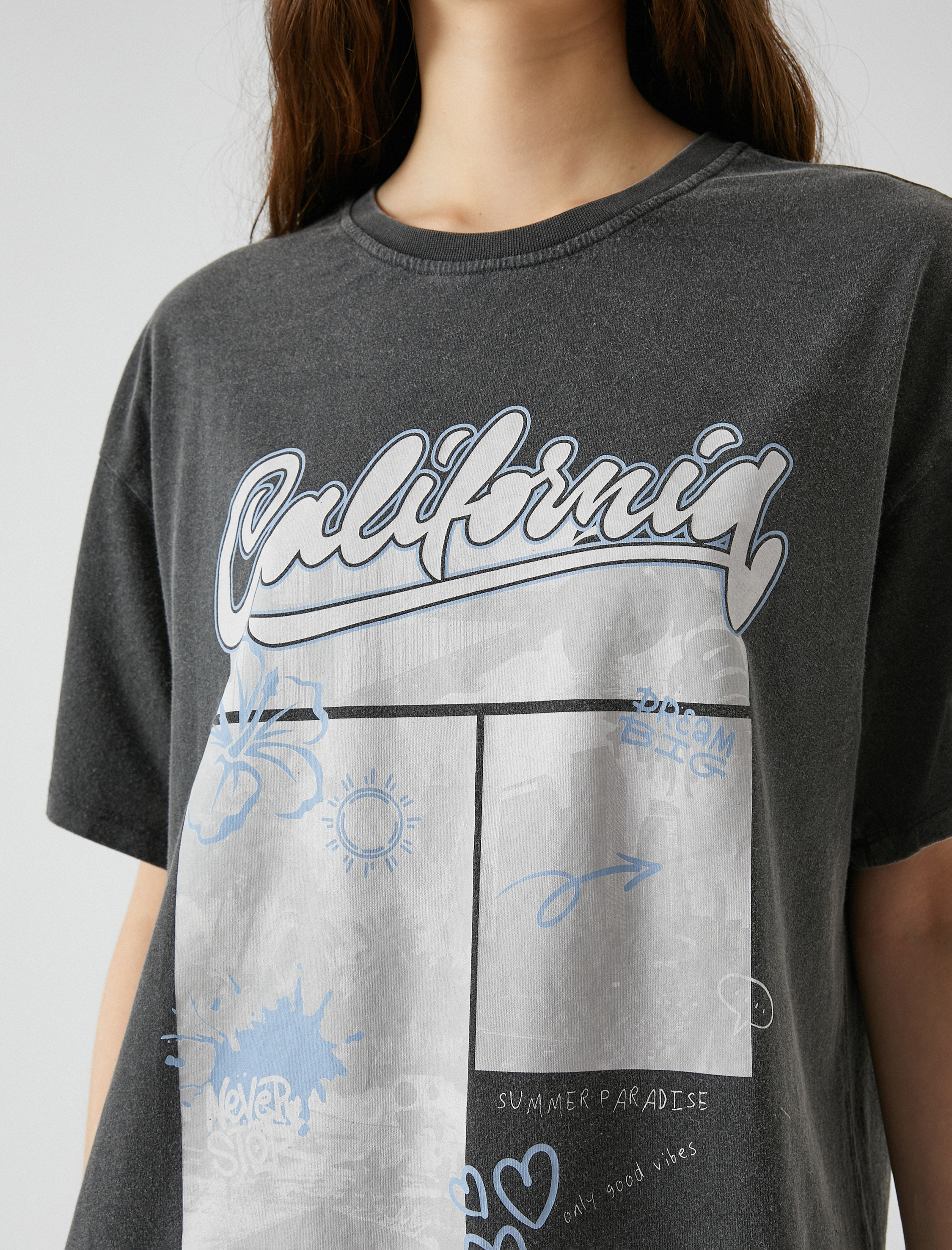 Oversize Baskılı Tişört Bisiklet Yaka Kısa Kollu Pamuklu