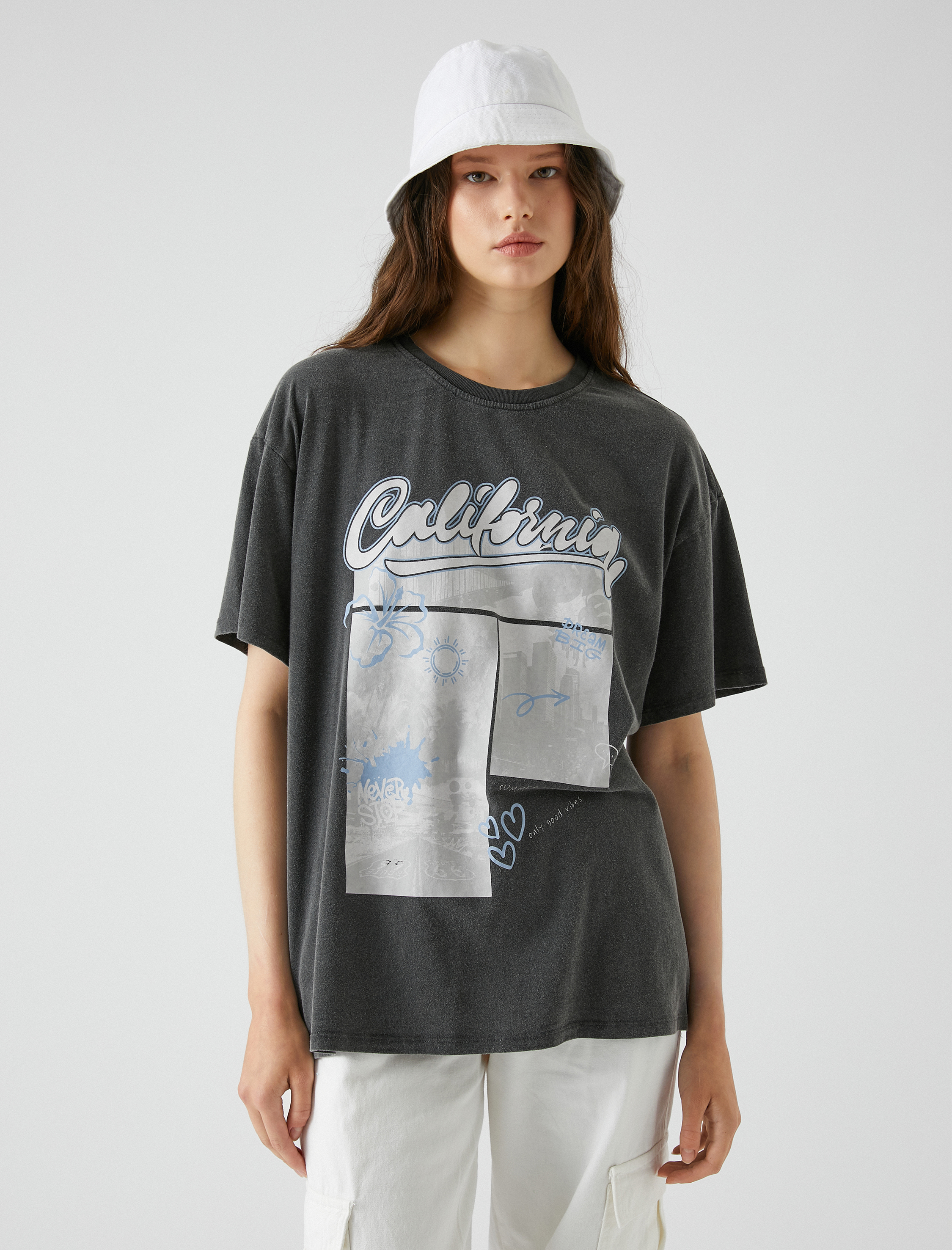 Oversize Baskılı Tişört Bisiklet Yaka Kısa Kollu Pamuklu