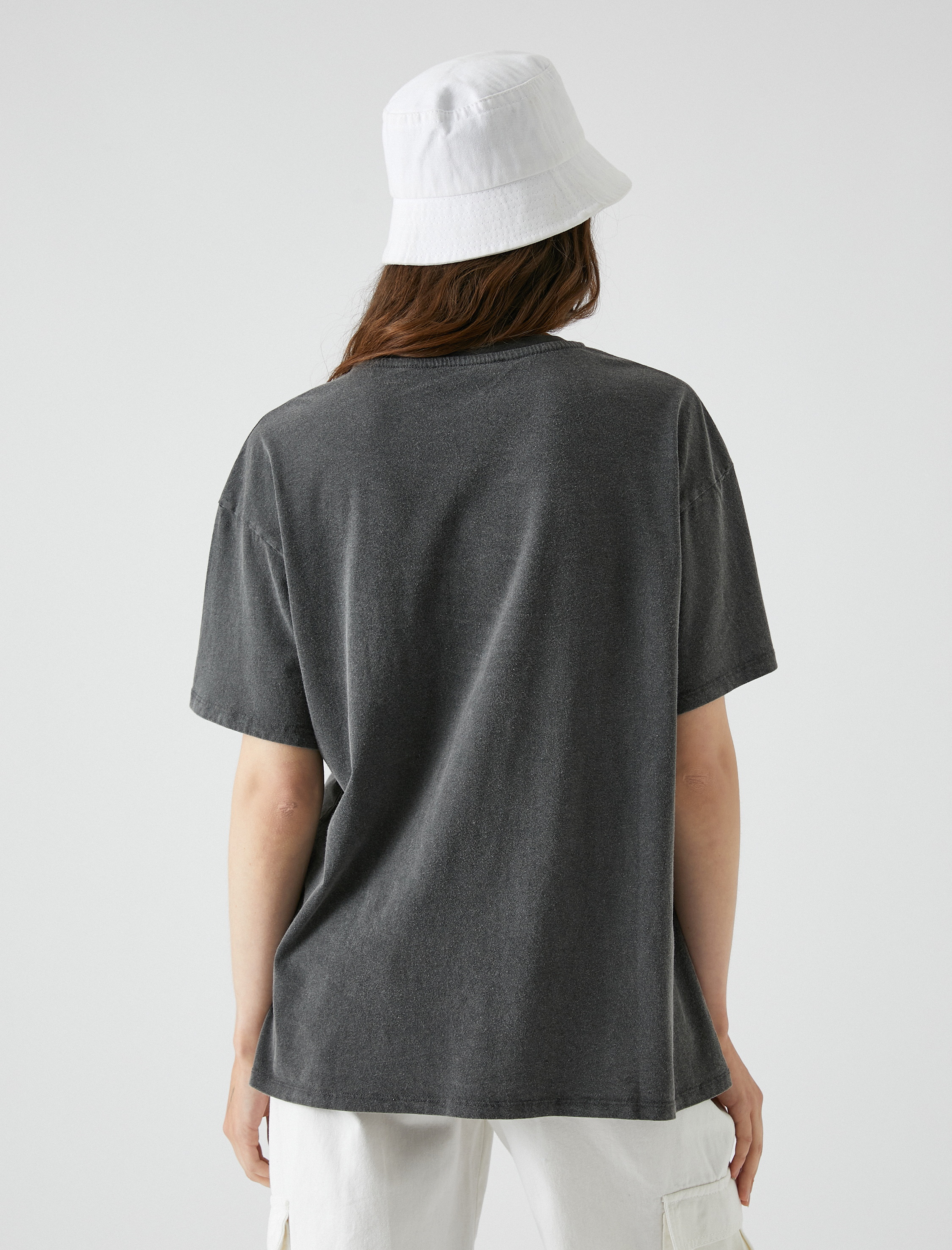 Oversize Baskılı Tişört Bisiklet Yaka Kısa Kollu Pamuklu