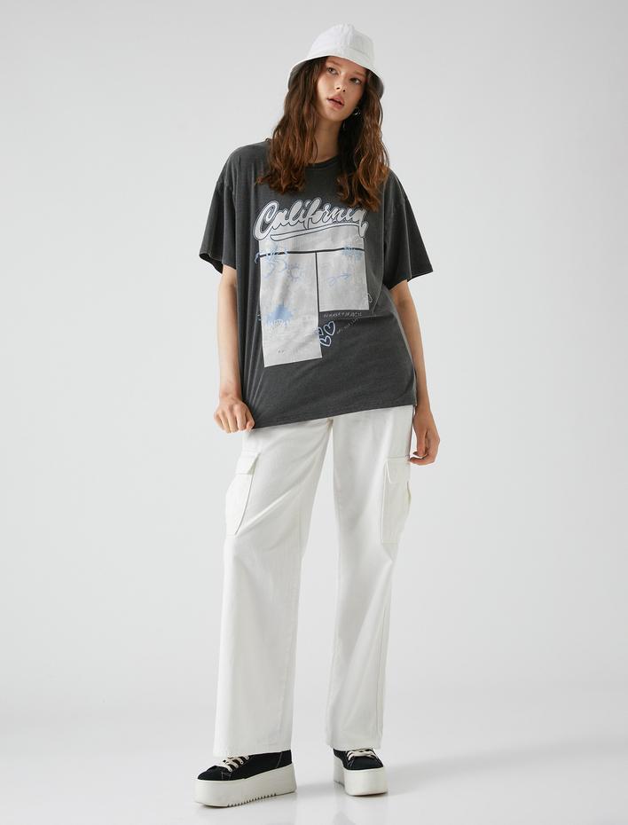  Oversize Baskılı Tişört Bisiklet Yaka Kısa Kollu Pamuklu