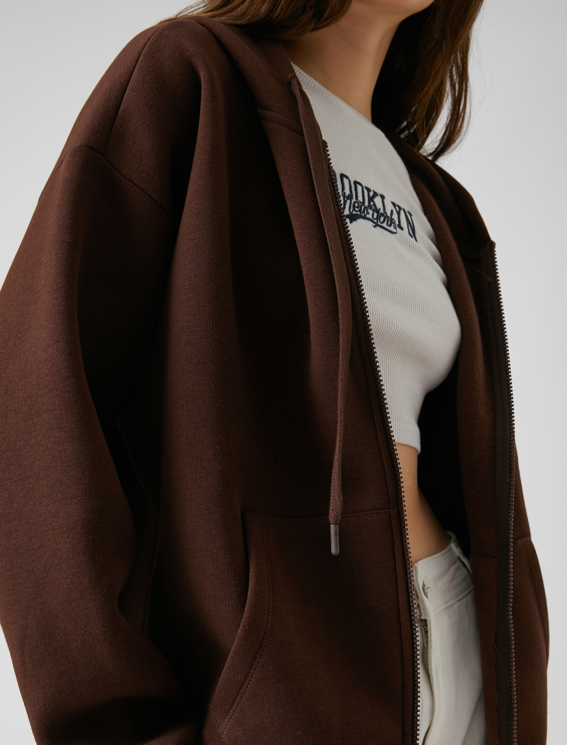   Şardonlu Oversize Fermuarlı Sweatshirt Kapüşonlu Kanguru Cepli