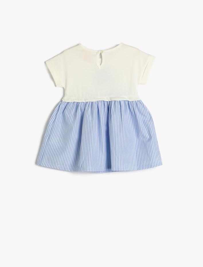 Kız Bebek Çizgili Elbise Kısa Kollu Bisiklet Yaka Pamuklu Düğmeli