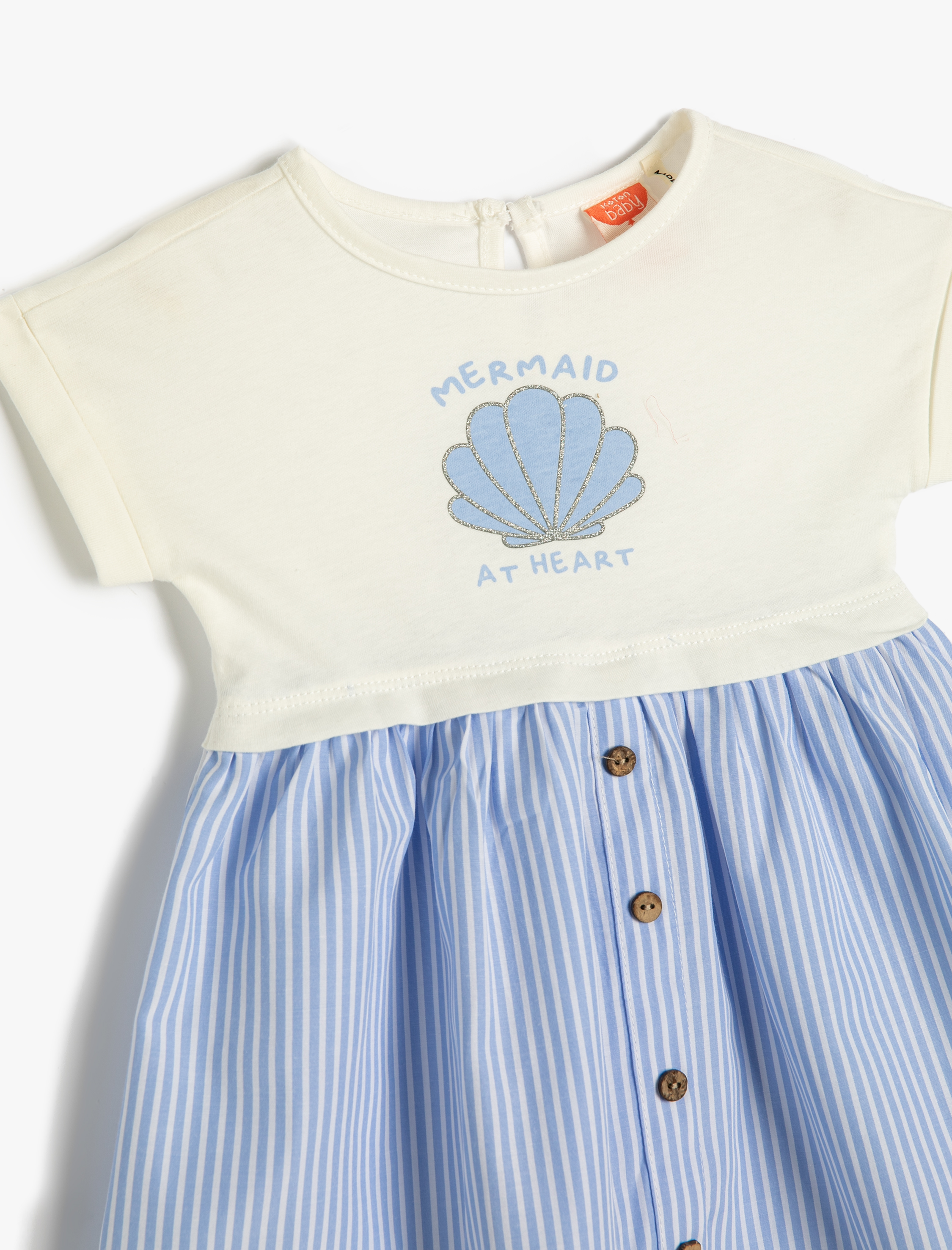  Kız Bebek Çizgili Elbise Kısa Kollu Bisiklet Yaka Pamuklu Düğmeli
