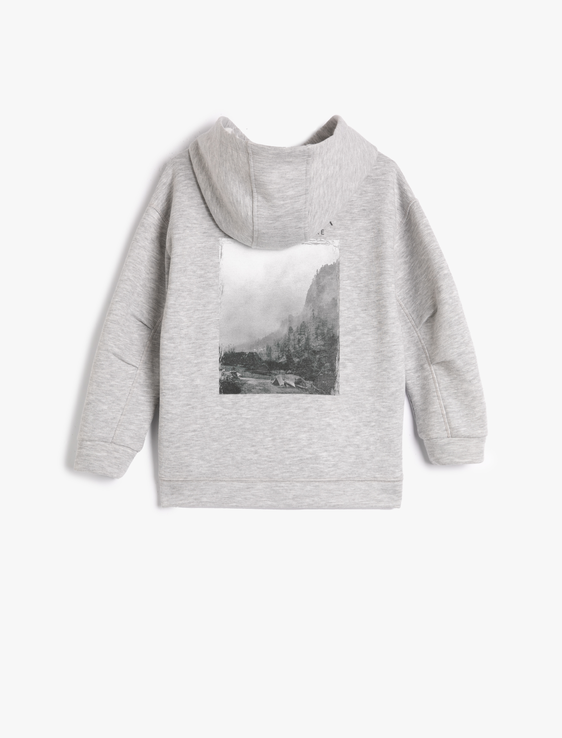  Erkek Çocuk Kapşonlu Sweatshirt Arkası Manzara Baskılı Önü İşleme Detaylı Şardonlu