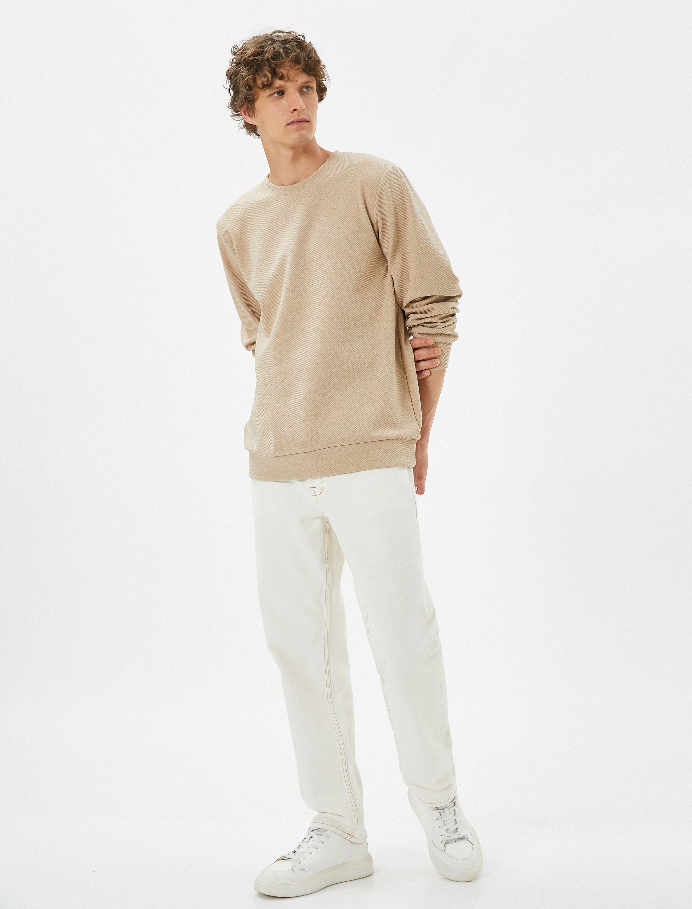   Basic Kazak Bisiklet Yaka Dokulu Uzun Kollu