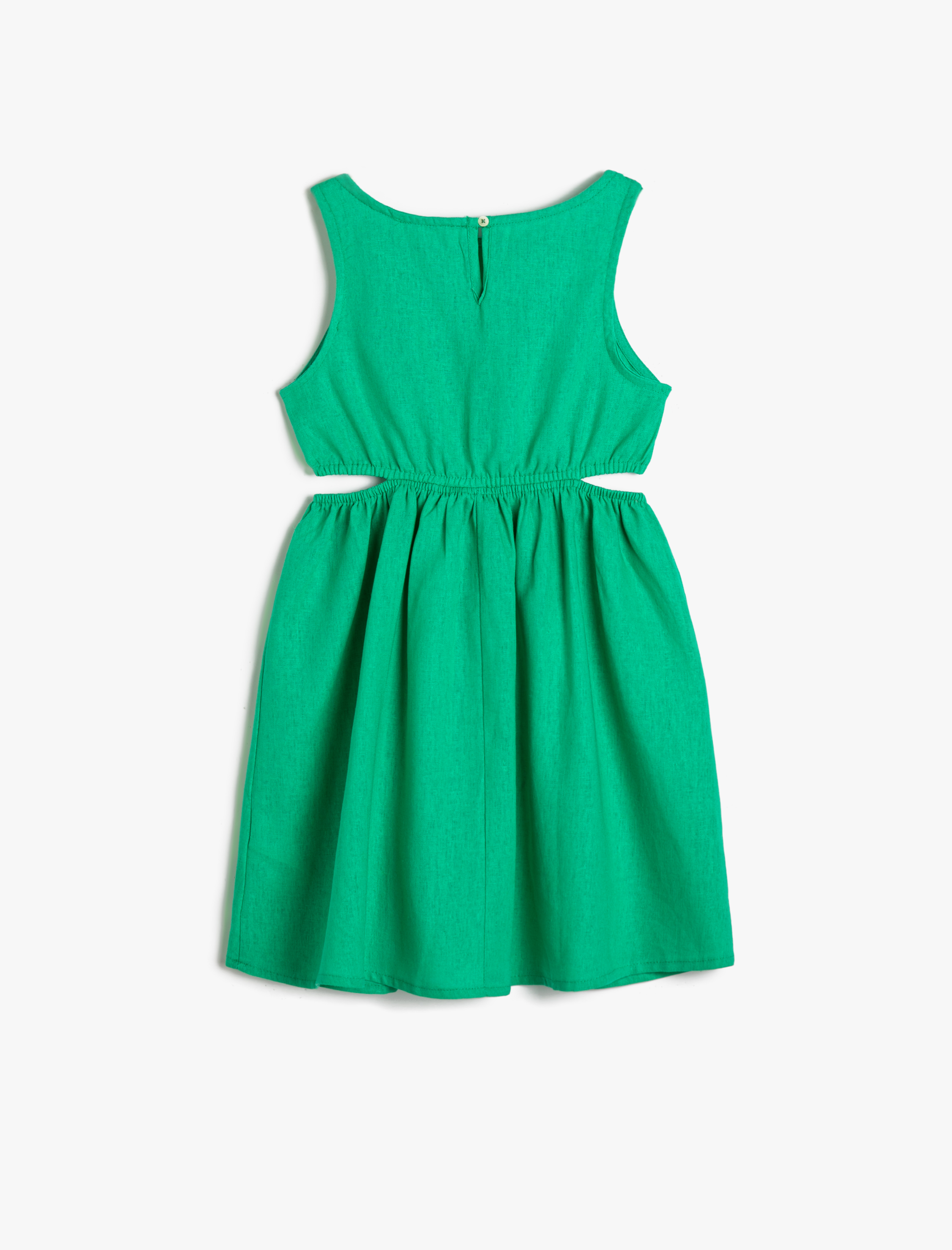  Kız Çocuk Keten Elbise Midi Boy Kolsuz Pencere Detaylı Yuvarlak Yaka