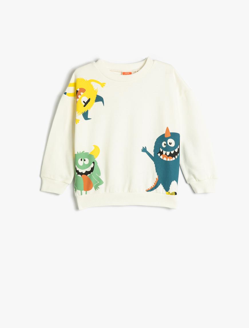  Erkek Bebek Sweatshirt Şardonlu Bisiklet Yaka Canavar Baskılı Pamuklu