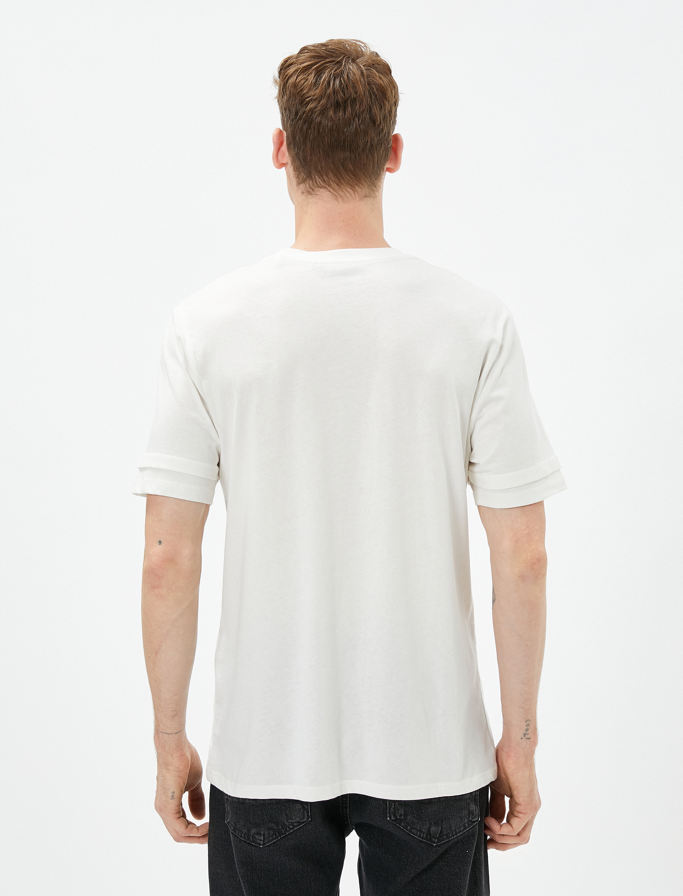   Basic Tişört Bisiklet Yaka Çift Kat Kol Detaylı Pamuklu