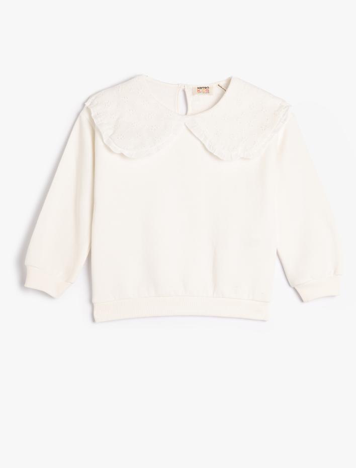 Kız Çocuk Basic Sweatshirt Geniş Bebe Yaka Arkası Düğme Kapamalı Şardonlu