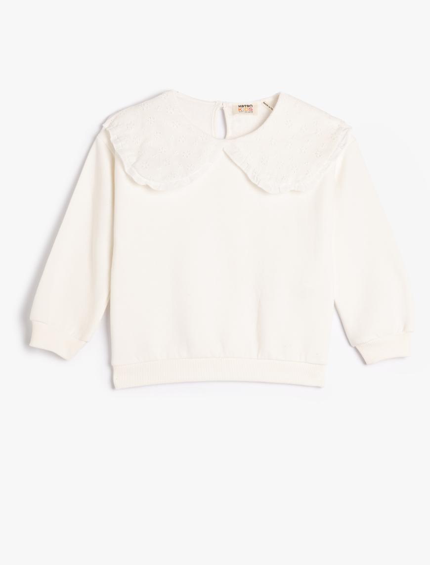  Kız Çocuk Basic Sweatshirt Geniş Bebe Yaka Arkası Düğme Kapamalı Şardonlu