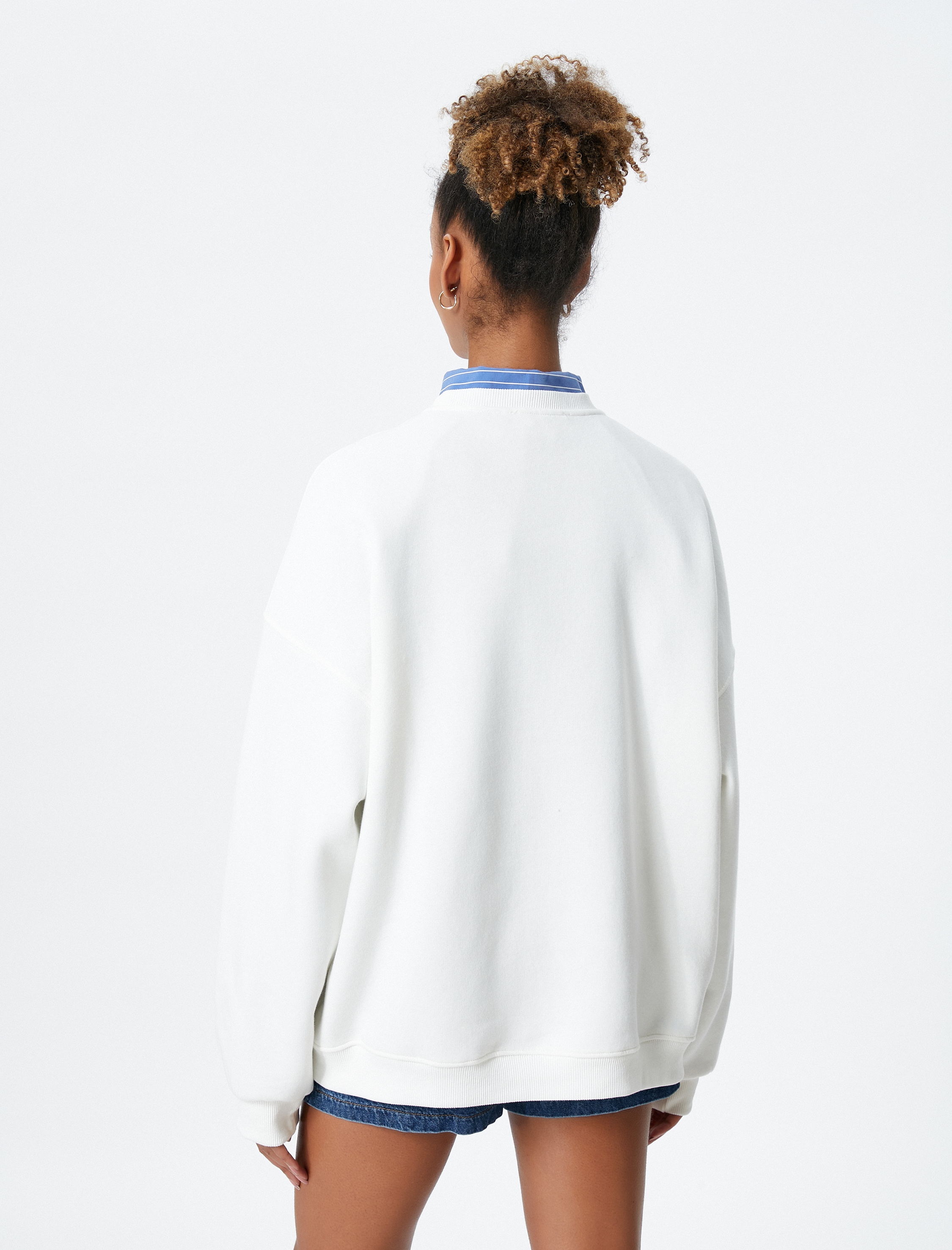   Şardonlu Kolej Sweatshirt Nakışlı Bisiklet Yaka Uzun Kollu