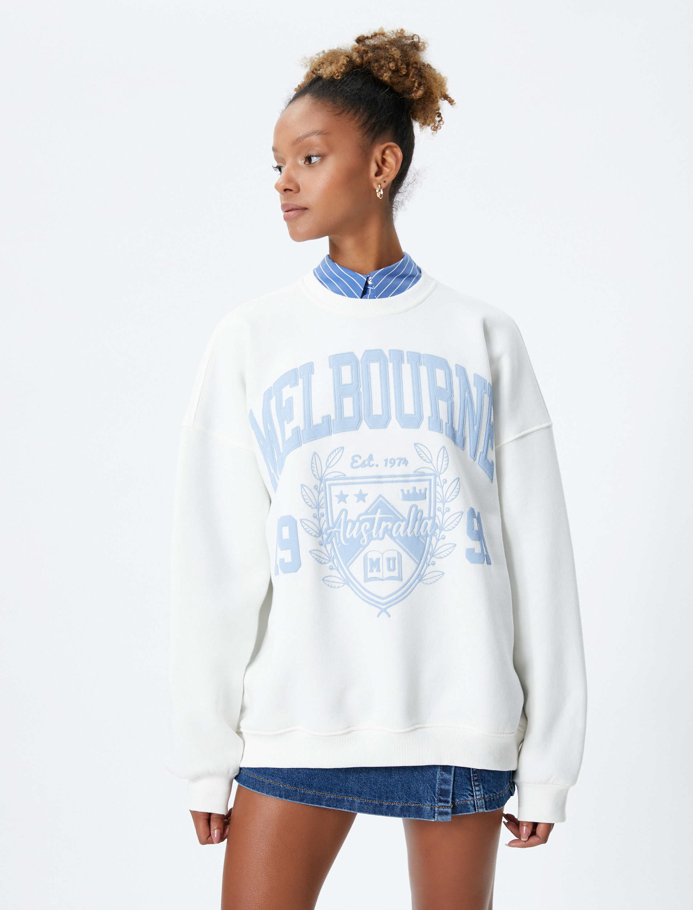   Şardonlu Kolej Sweatshirt Nakışlı Bisiklet Yaka Uzun Kollu