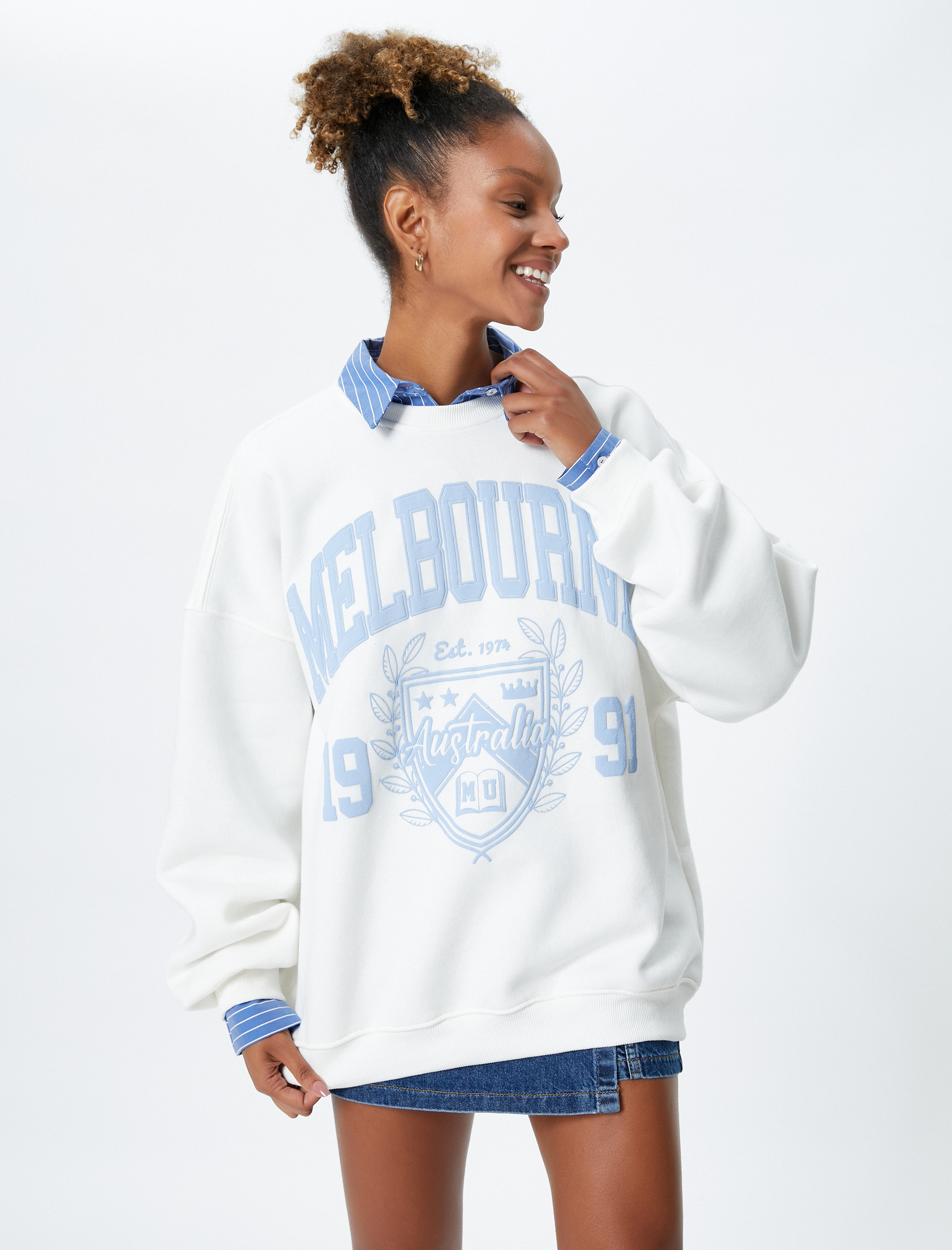   Şardonlu Kolej Sweatshirt Nakışlı Bisiklet Yaka Uzun Kollu