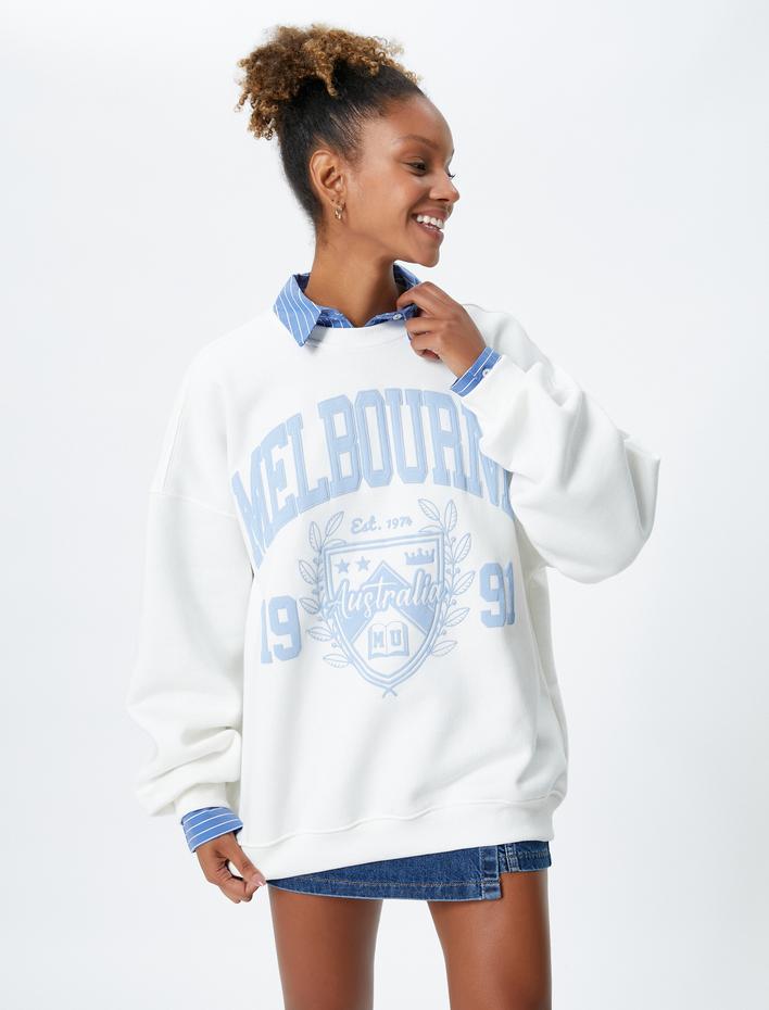  Şardonlu Kolej Sweatshirt Nakışlı Bisiklet Yaka Uzun Kollu
