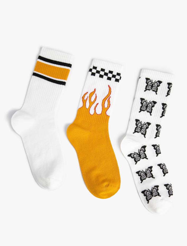 Kadın 3'lü Soket Çorap Seti Kelebek İşlemeli