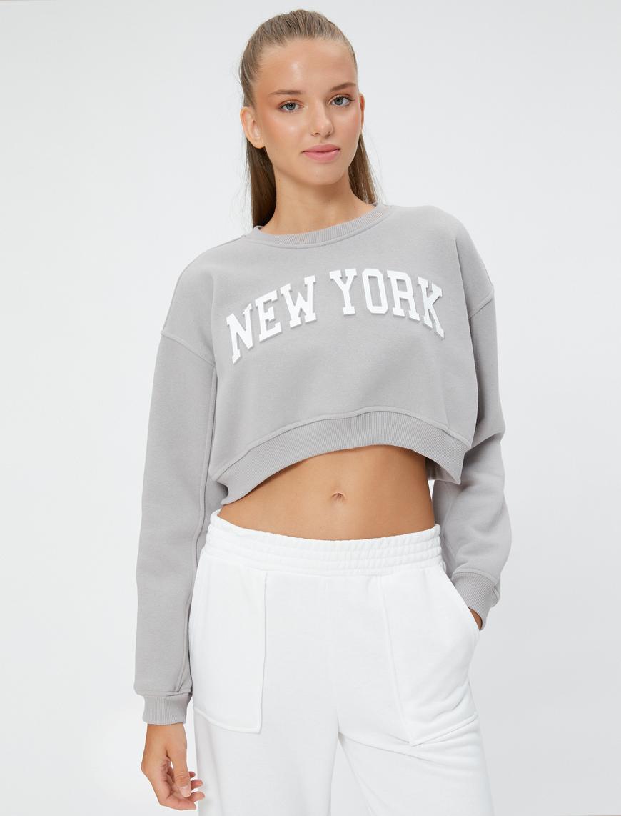   Crop Sweatshirt Slogan Baskılı Rahat Kesim Uzun Kollu