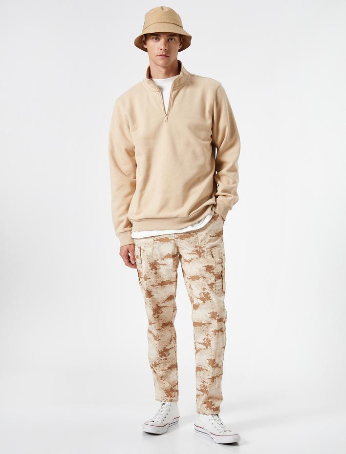  Yarım Fermuarlı Sweatshirt Dik Yaka Uzun Kollu Şardonlu