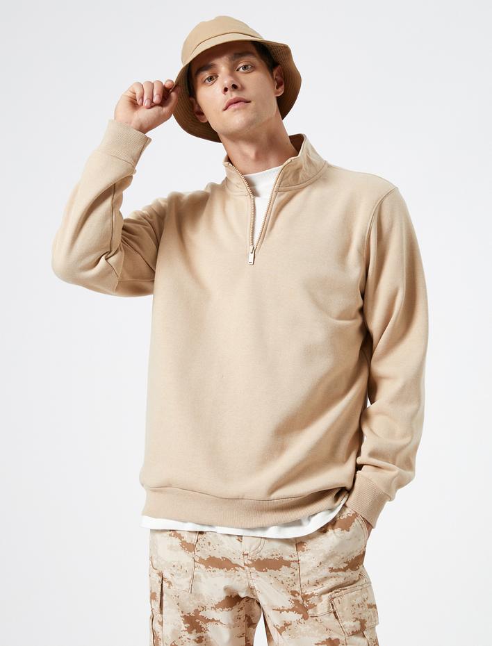  Yarım Fermuarlı Sweatshirt Dik Yaka Uzun Kollu Şardonlu