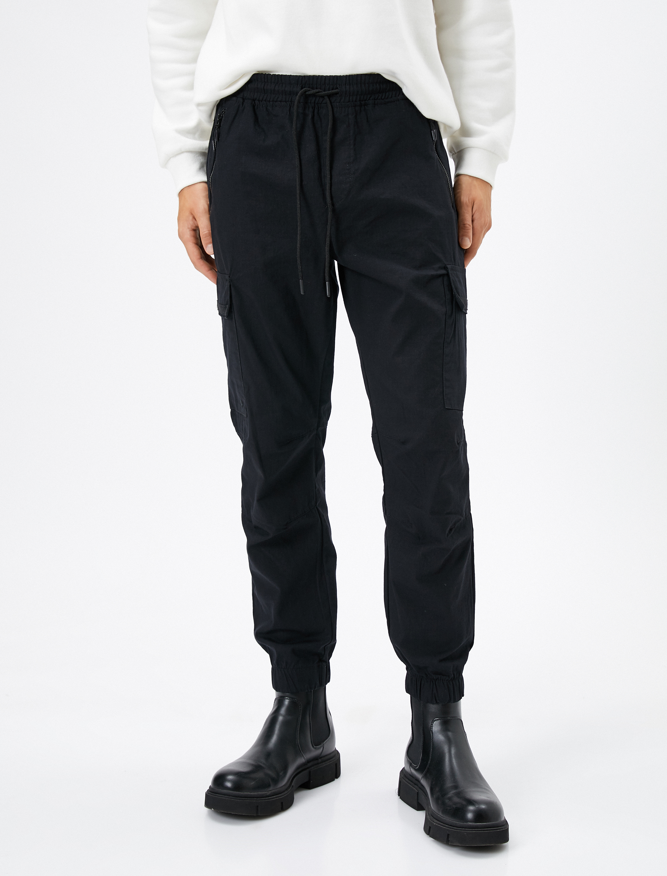   Jogger Pantolon Kargo Cepli Beli Bağcıklı Pamuklu