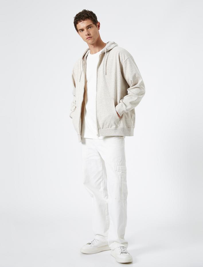  Oversize Fermuarlı Sweatshirt Kapşonlu Cep Detaylı Etiket Baskılı Şardonlu